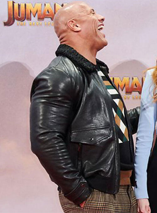 Dwayne Johnson Jumanji World Premiere Black Leather Jacket – Dwayne Johnson wearing the look, photo 2