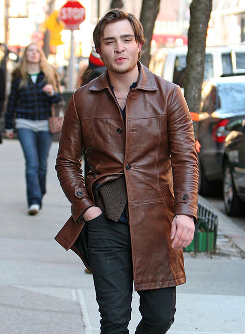 Ed Westwick White Leather Trench Coat – Ed Westwick celebrity photo in Gossip Girl