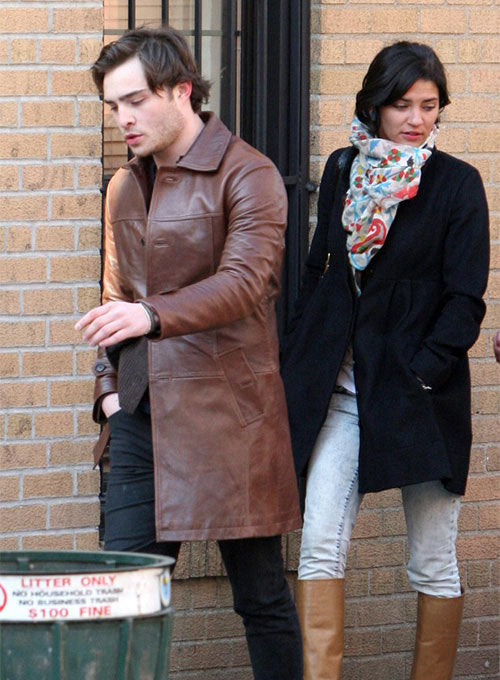 Ed Westwick White Leather Trench Coat – Ed Westwick wearing the look, photo 2