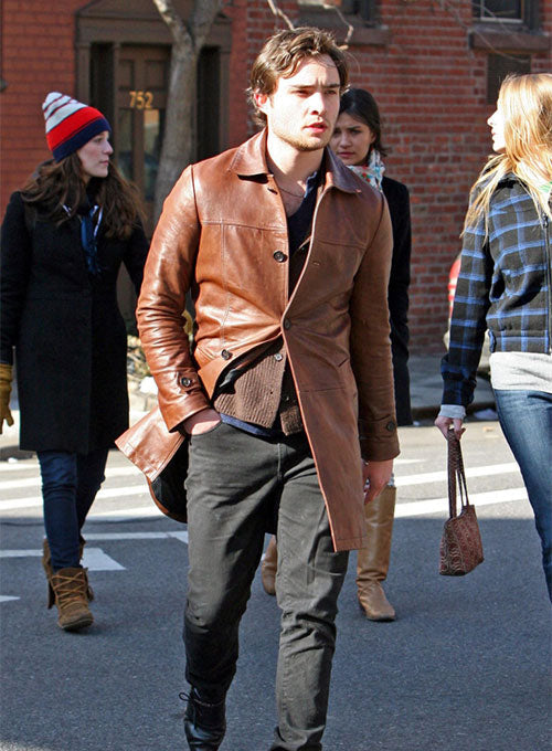 Ed Westwick White Leather Trench Coat – Ed Westwick wearing the look, photo 4