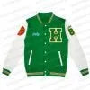 Green and white varsity jacket with a logo on a plain background