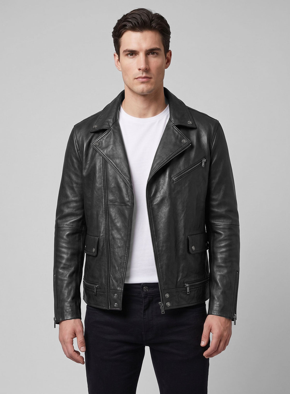 Eddie Redmayne Black Leather Jacket – close-up and worn views