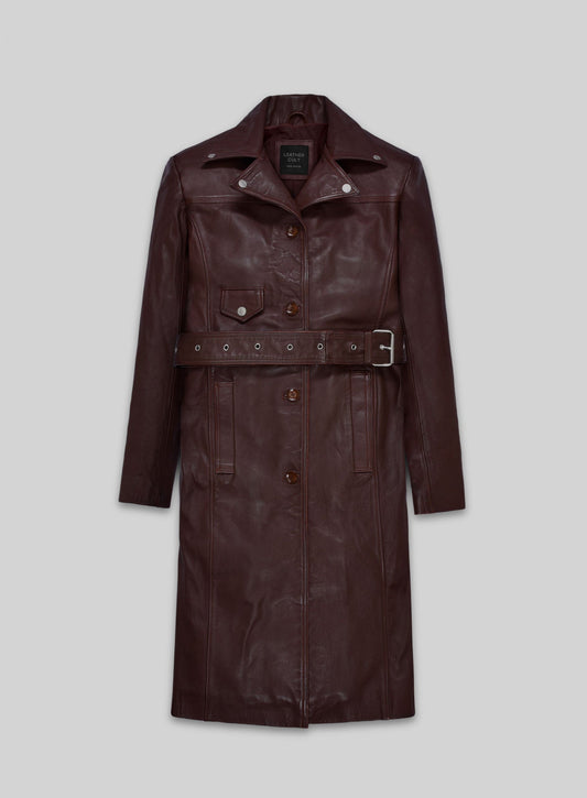 Eiza Gonzalez Black Leather Trench Coat – front view