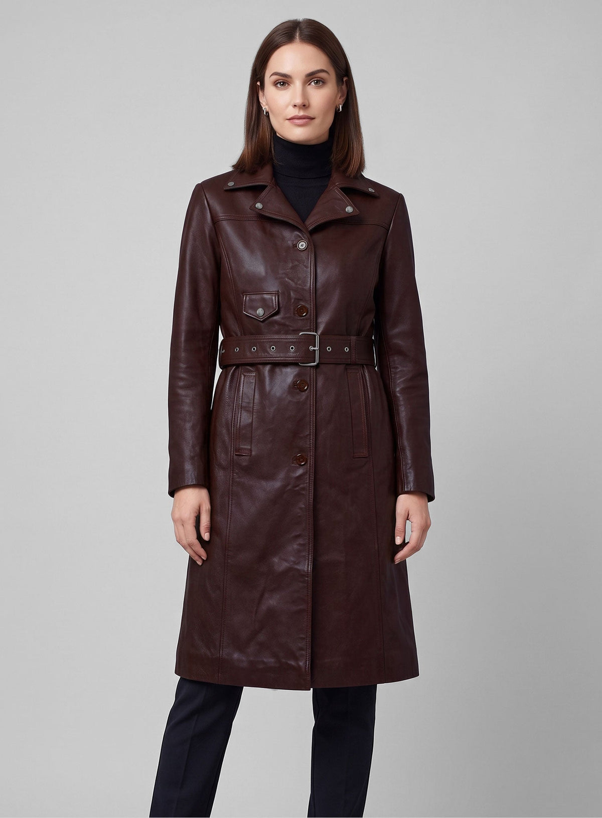 Eiza Gonzalez Black Leather Trench Coat – close-up and worn views