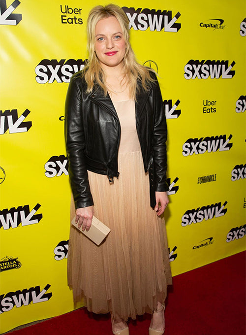 Elisabeth Moss Black Leather Jacket – front view