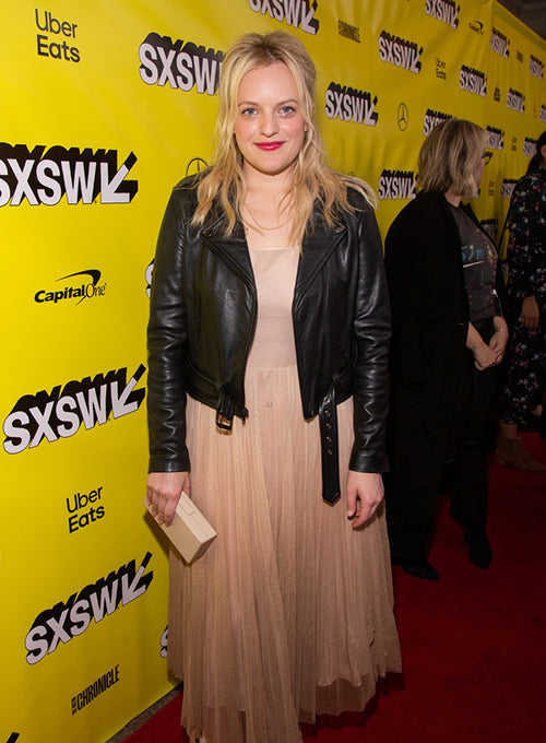 Elisabeth Moss Black Leather Jacket – close-up and worn views