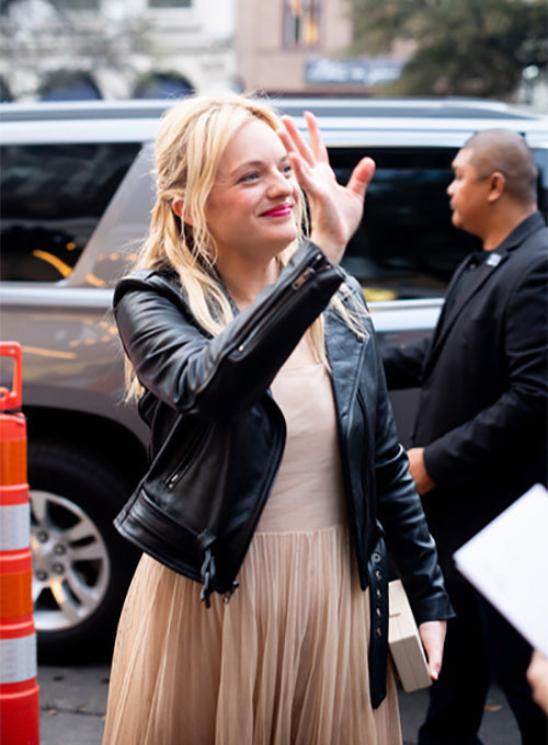 Elisabeth Moss Black Leather Jacket – close-up and worn views