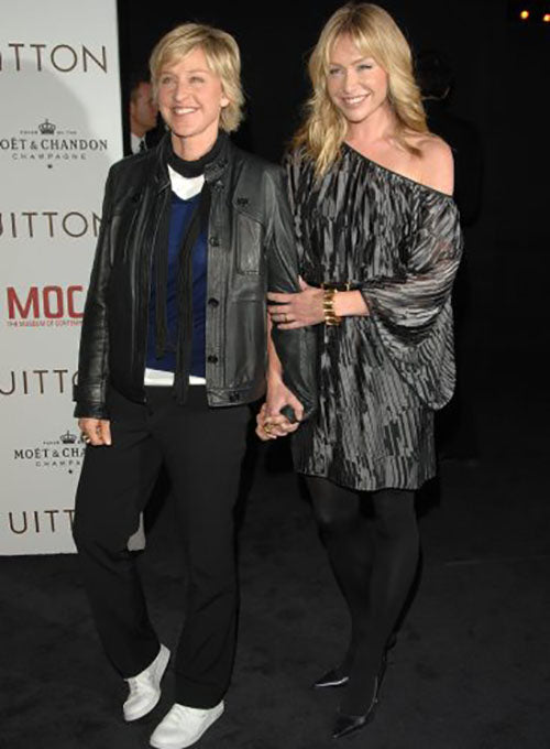 Ellen Degeneres Black Leather Jacket – close-up and worn views