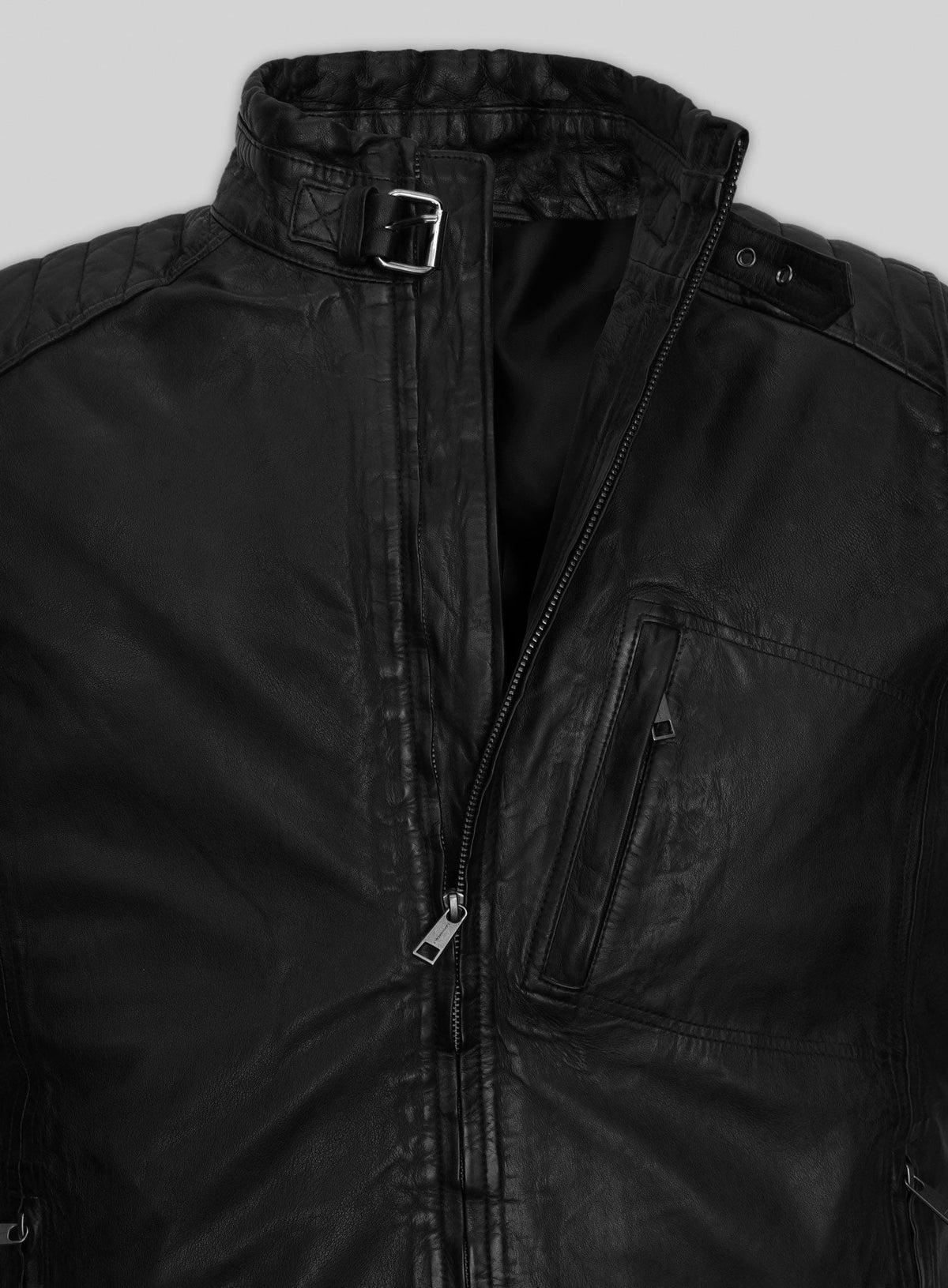 Elon Musk SNL Promo Black Leather Jacket – close-up detail of leather and stitching