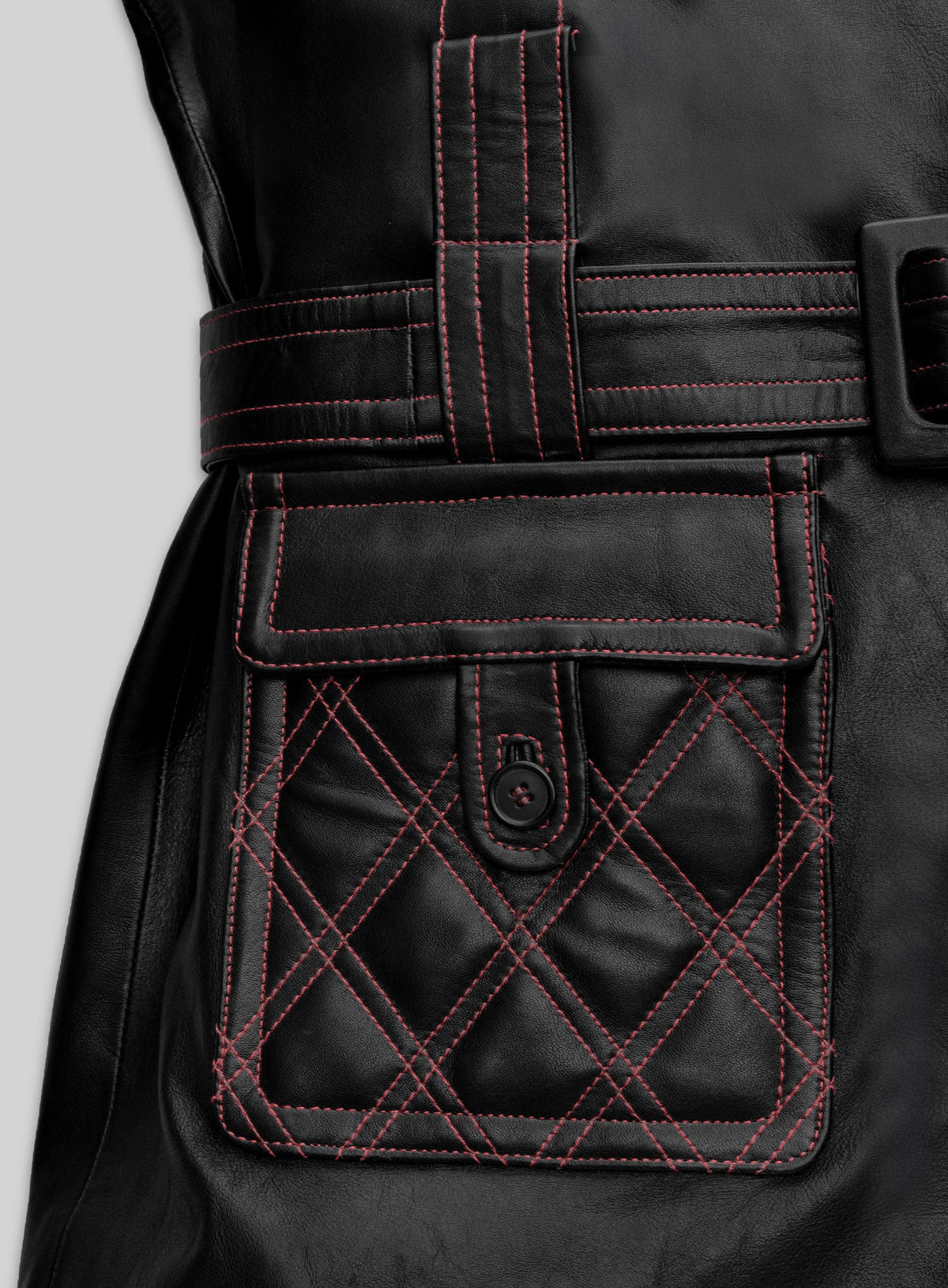 Elvis Presley Red Leather Long Coat – close-up and worn views