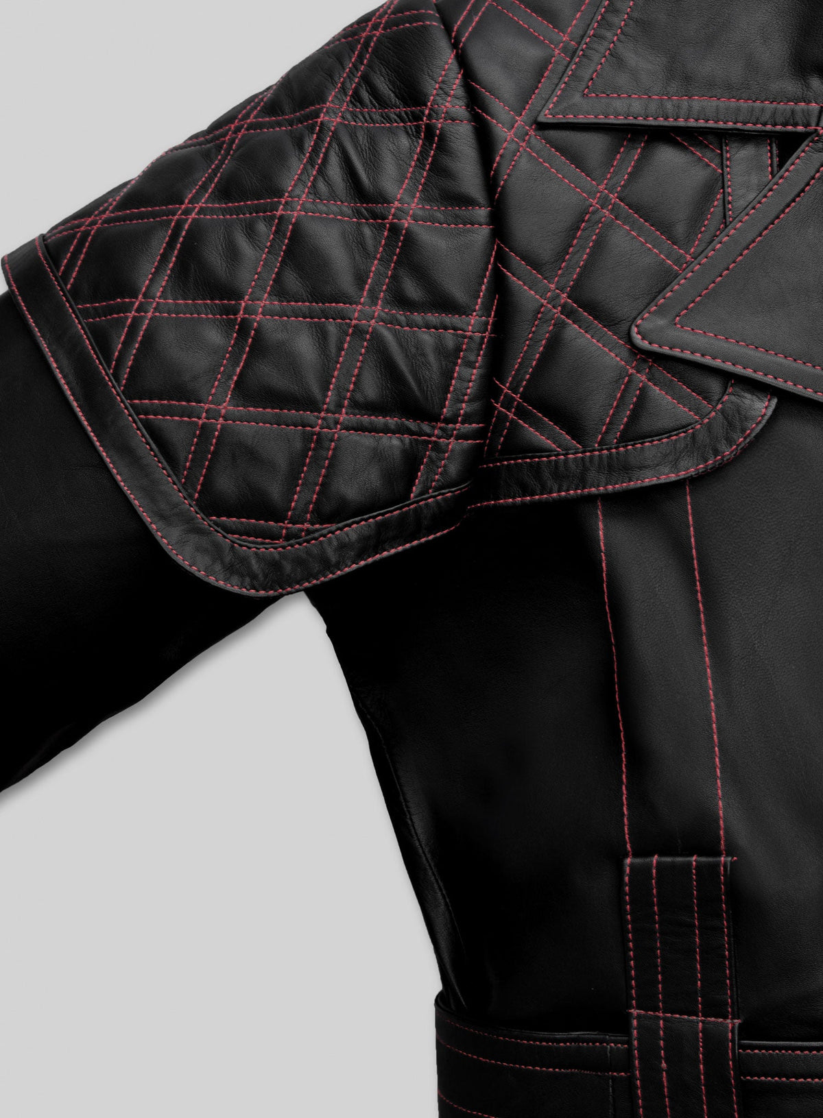 Elvis Presley Red Leather Long Coat – close-up and worn views