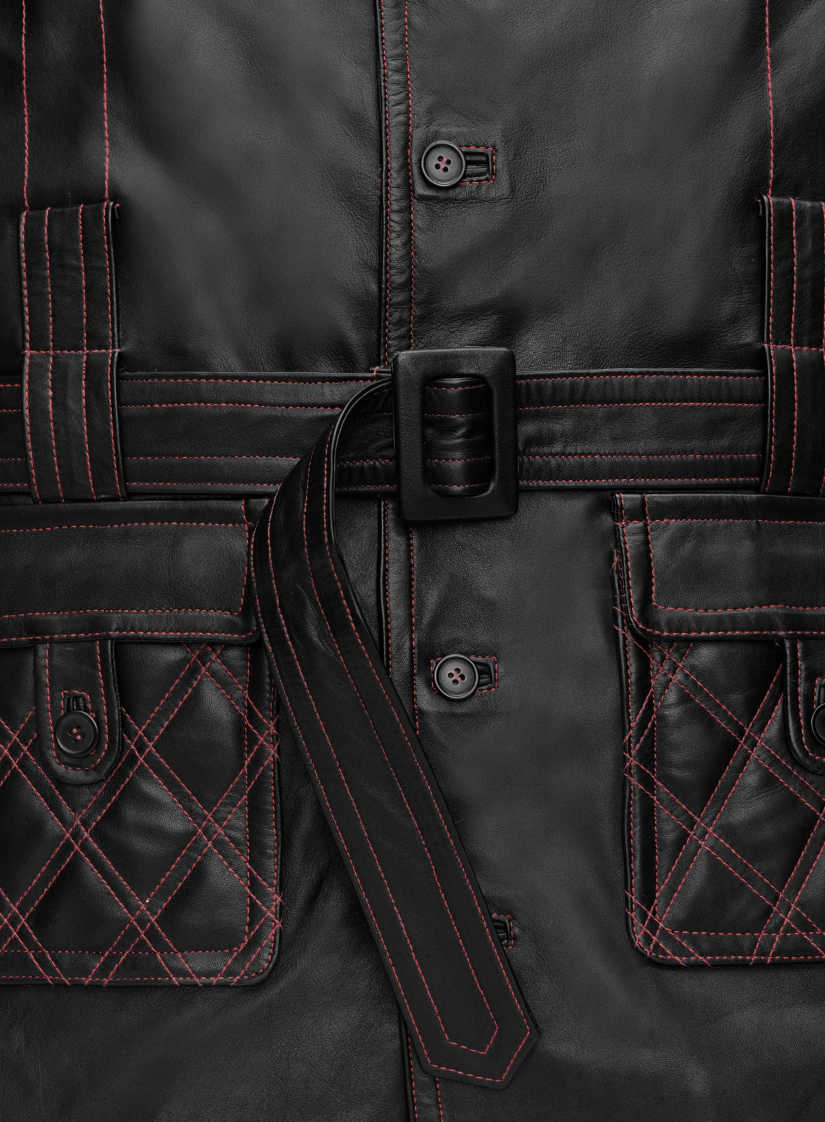 Elvis Presley Red Leather Long Coat – close-up and worn views