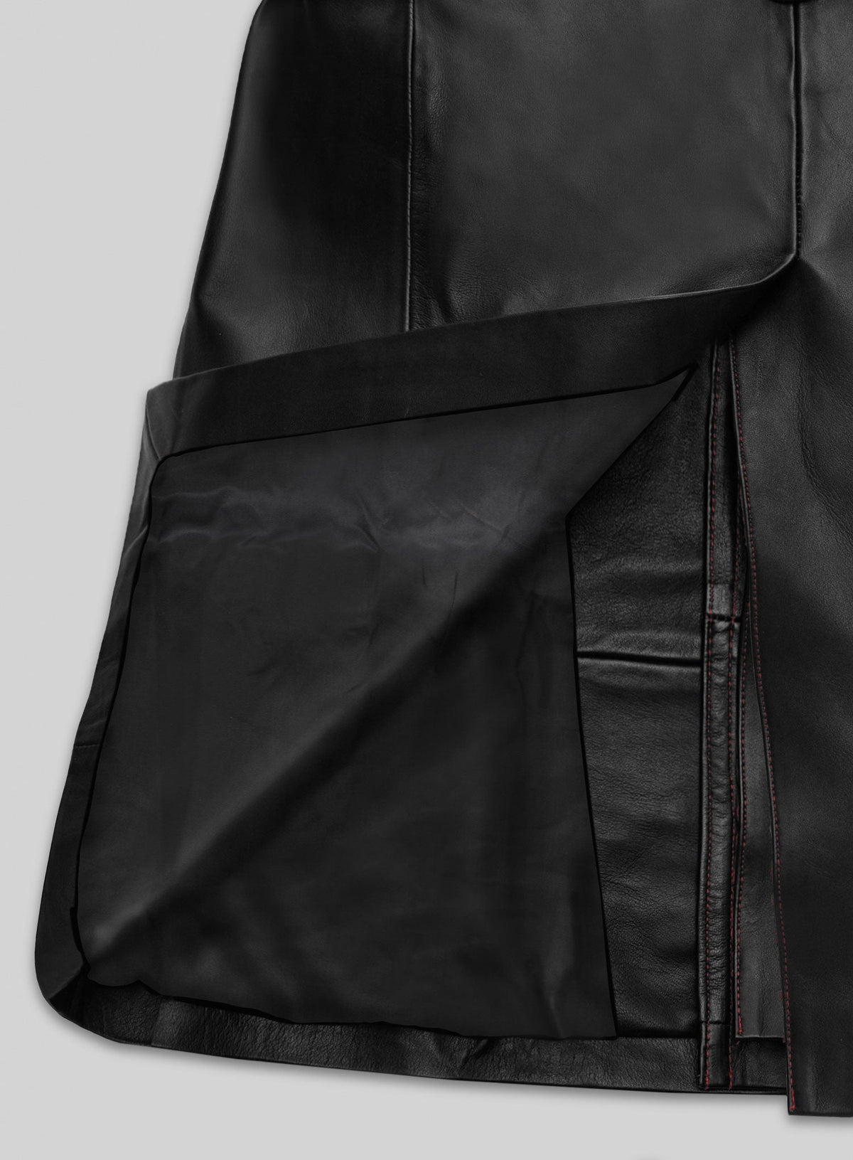 Elvis Presley Red Leather Long Coat – close-up and worn views