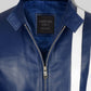 Elvis Presley Speedway Blue Leather Jacket – close-up and worn views