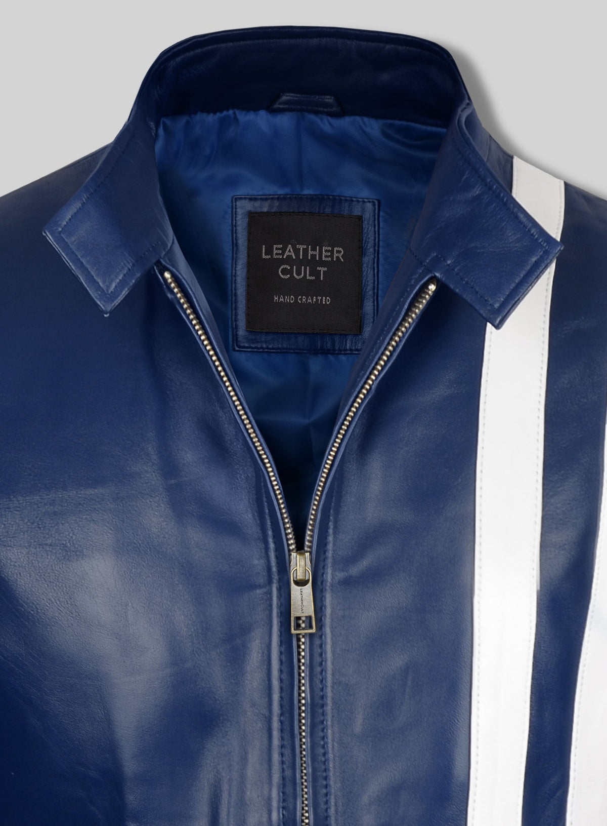 Elvis Presley Speedway Blue Leather Jacket – close-up and worn views