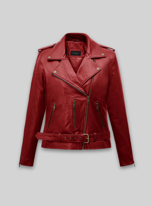 Emilia Clarke Last Christmas Red Leather Jacket – front view