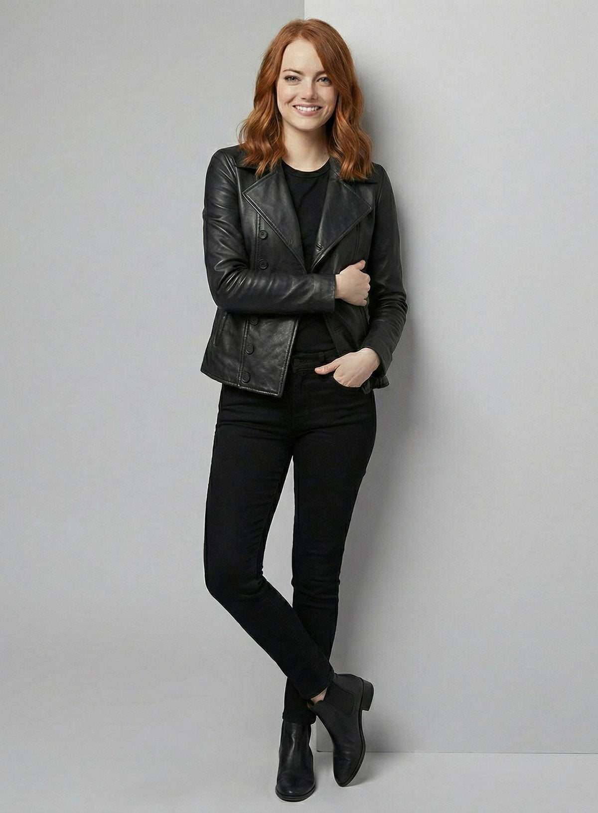Emma Stone Black Biker Leather Jacket – full product view
