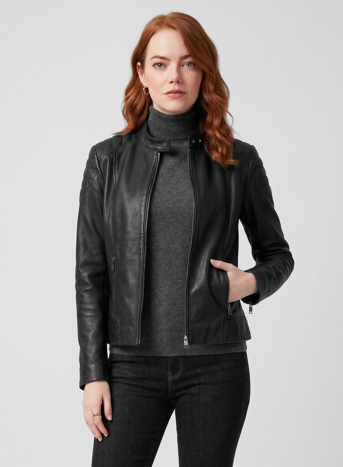 Emma Stone Zombieland: Double Tap Black Leather Jacket – full product view