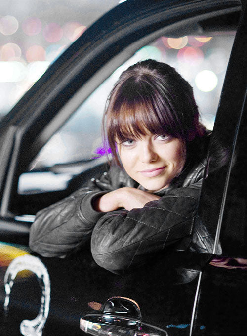 Emma Stone Zombieland Black Leather Jacket – close-up and worn views