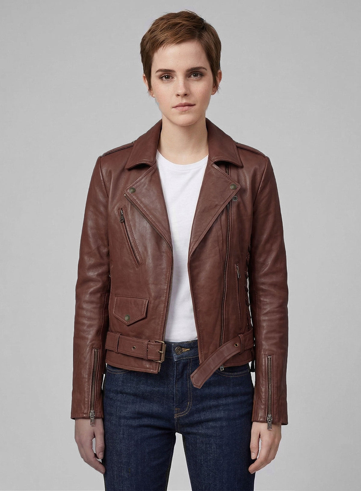 Emma Watson Tan Brown Leather Jacket – back view