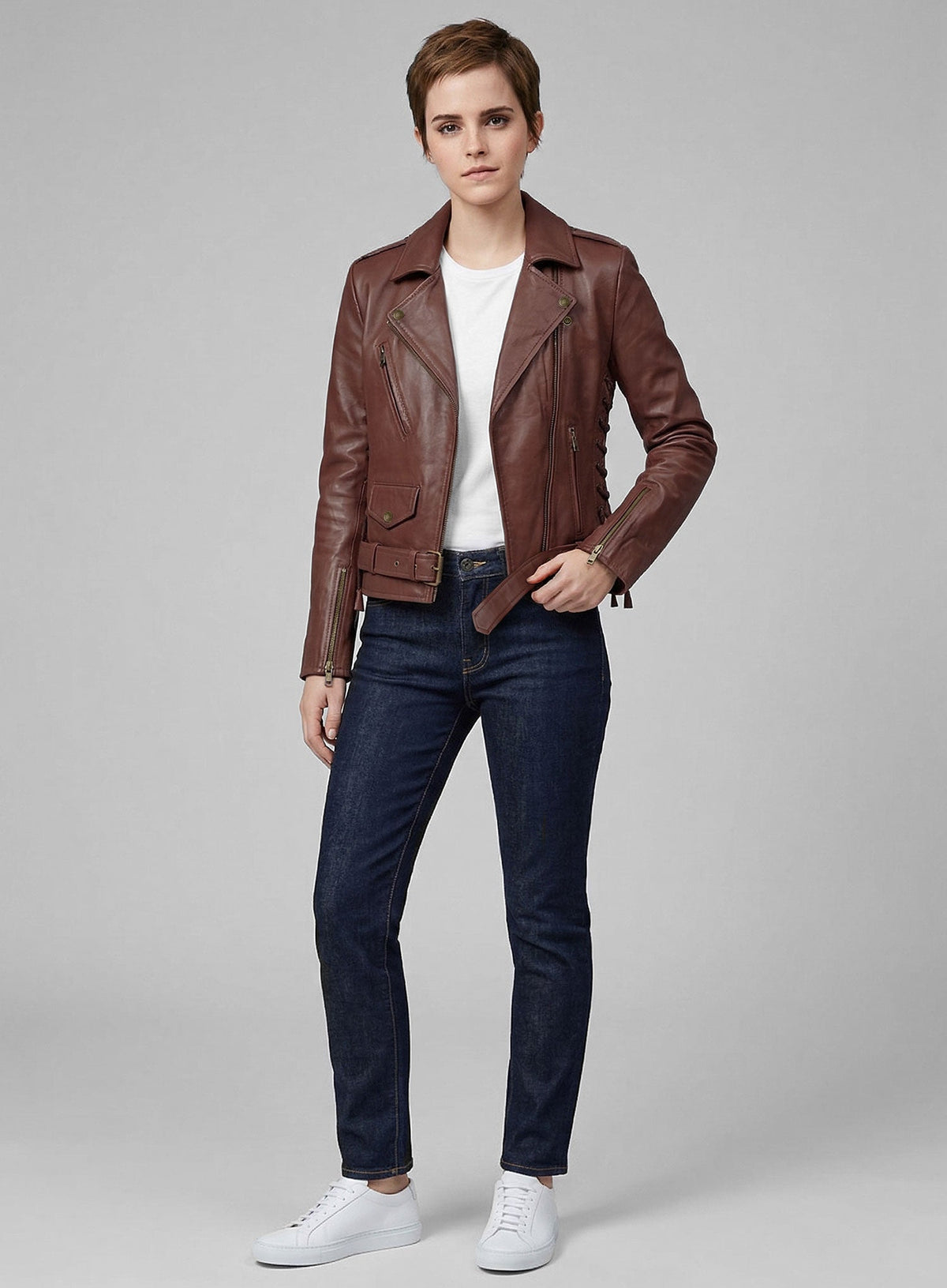 Emma Watson Tan Brown Leather Jacket – close-up and worn views