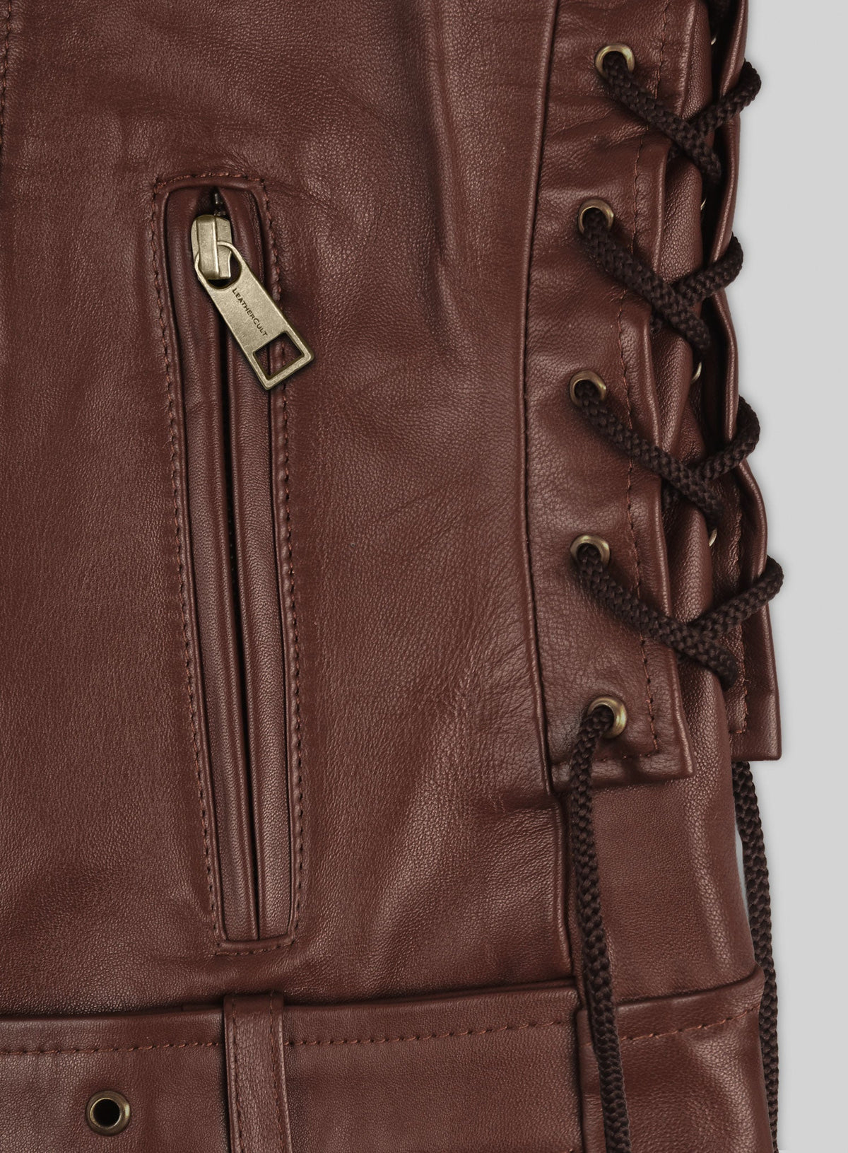 Emma Watson Tan Brown Leather Jacket – close-up and worn views