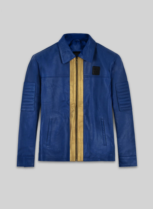 Fallout 76 Vault Blue Leather Jacket – front view