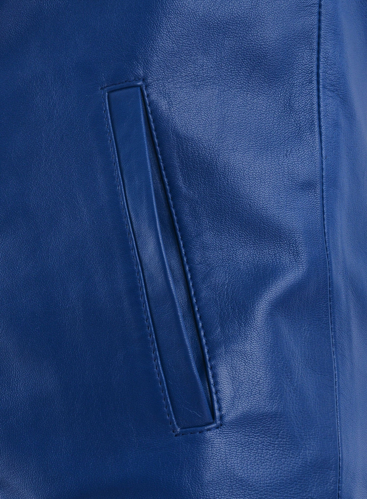 Fallout 76 Vault Blue Leather Jacket – close-up detail of hardware and pockets