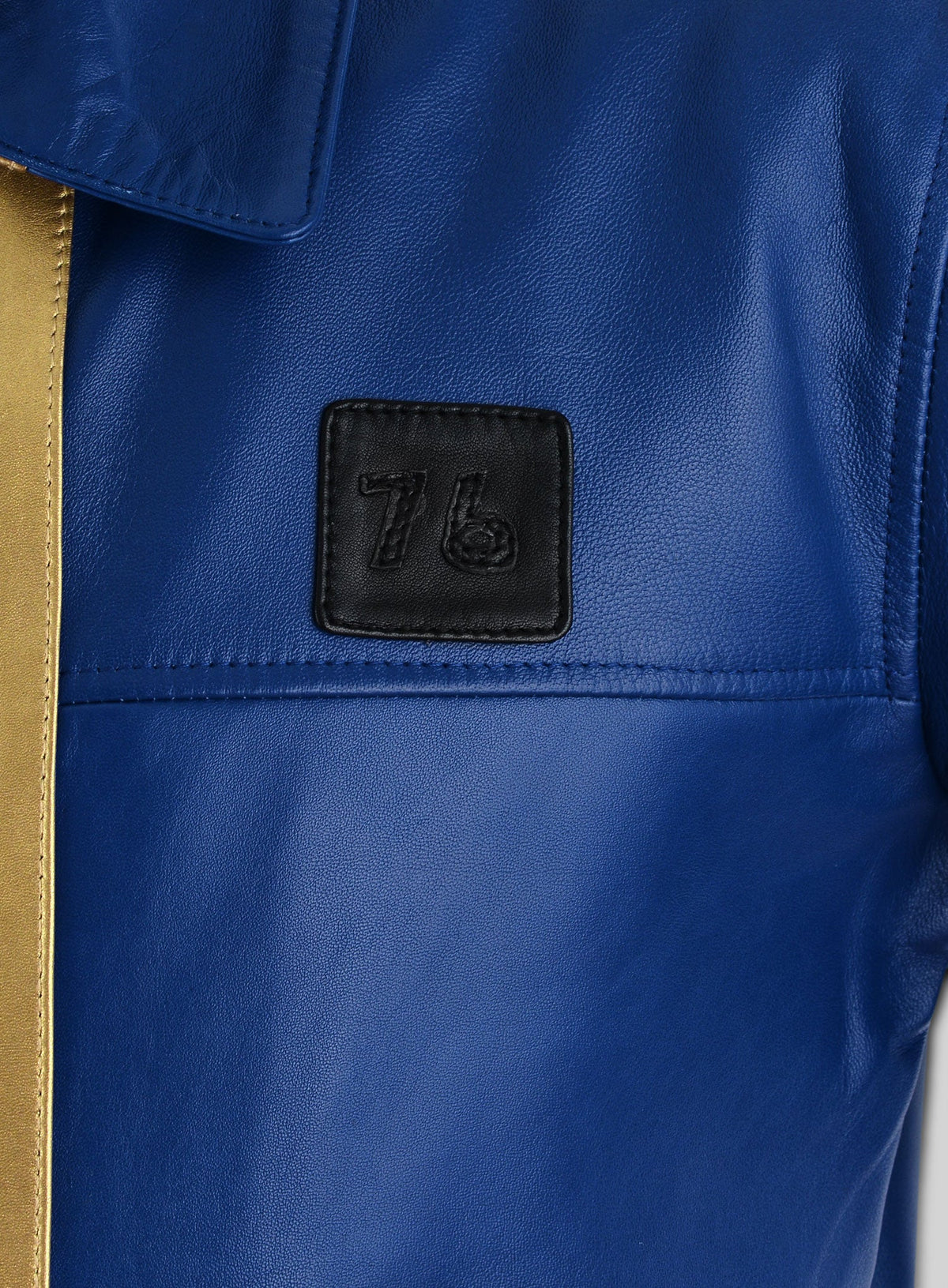 Fallout 76 Vault Blue Leather Jacket – close-up detail of leather and stitching