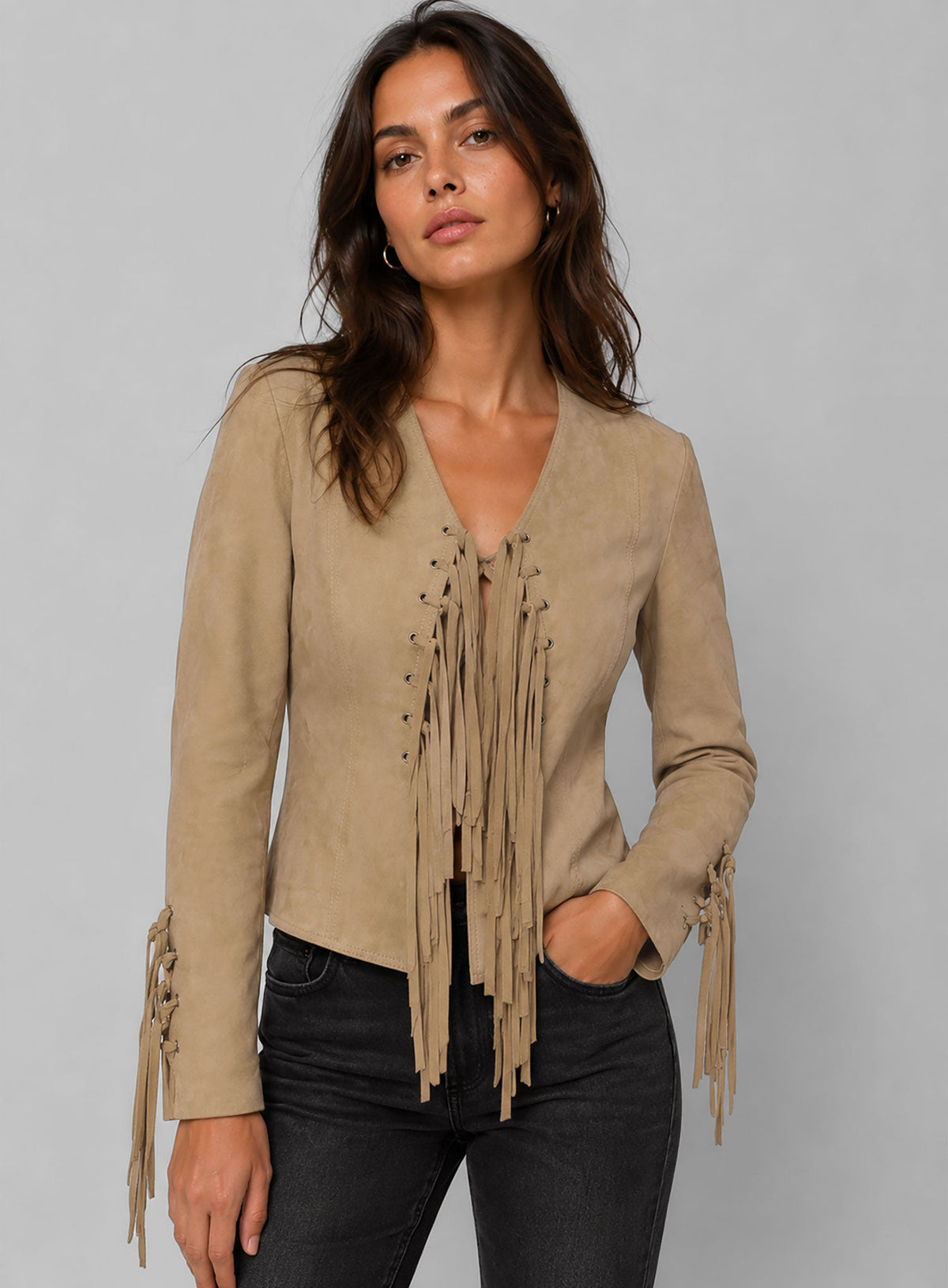 Francia Rasia How I Met Your Father Black Suede Jacket – close-up and worn views