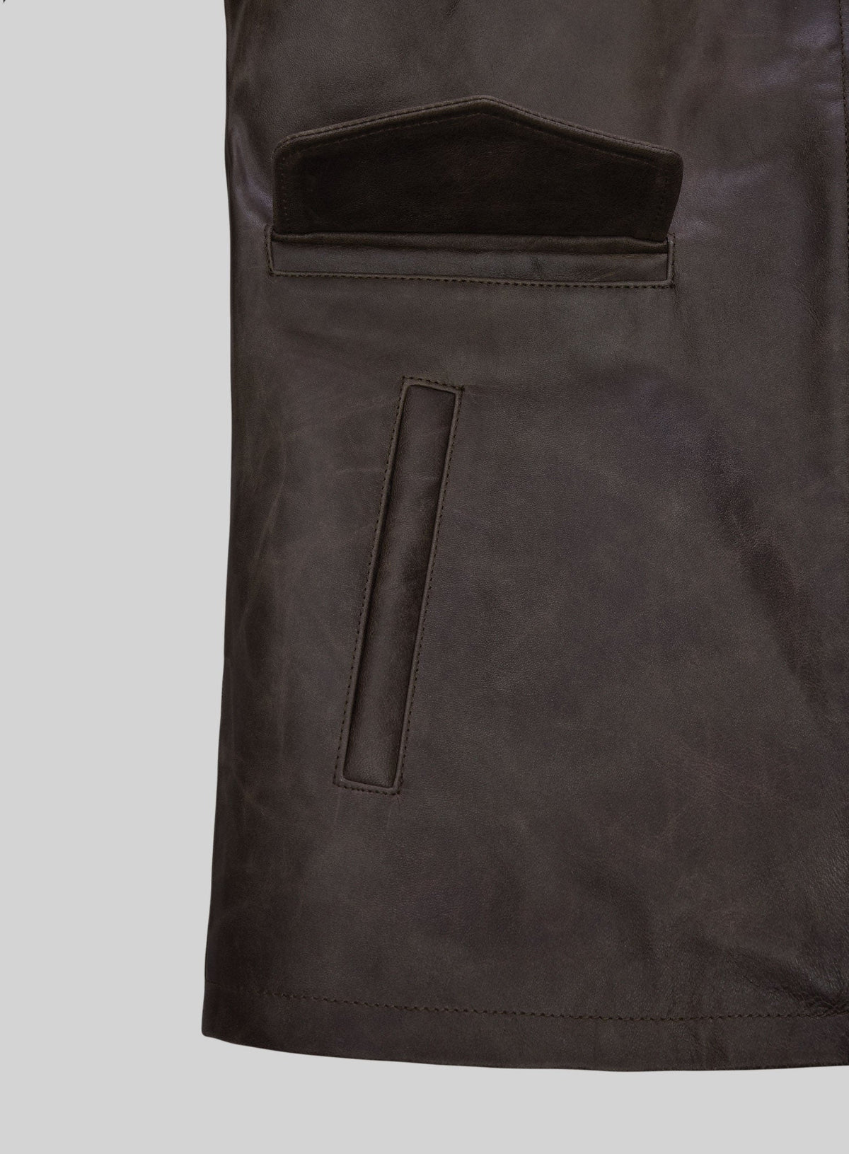 Gerard Butler Den Of Thieves Black Leather Jacket – close-up and worn views