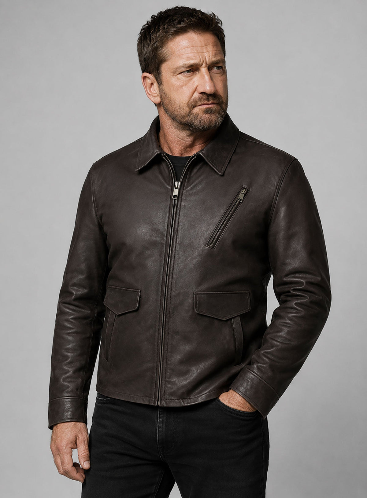 Gerard Butler Den Of Thieves Black Leather Jacket – close-up and worn views