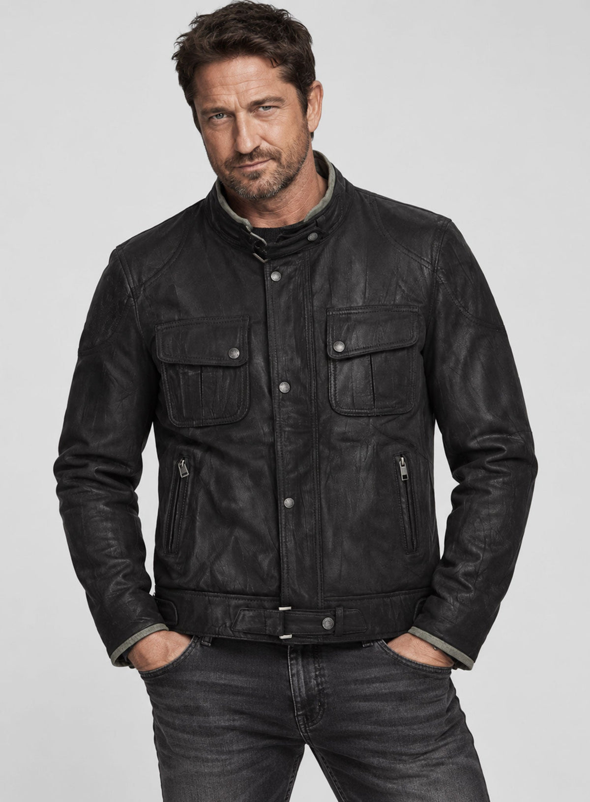 Gerard Butler Olympus has fallen premiere Black Leather Jacket – full product view