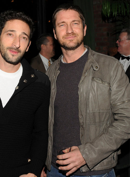 Gerard Butler Black Leather Jacket Style 2 – Gerard Butler wearing the look, photo 3