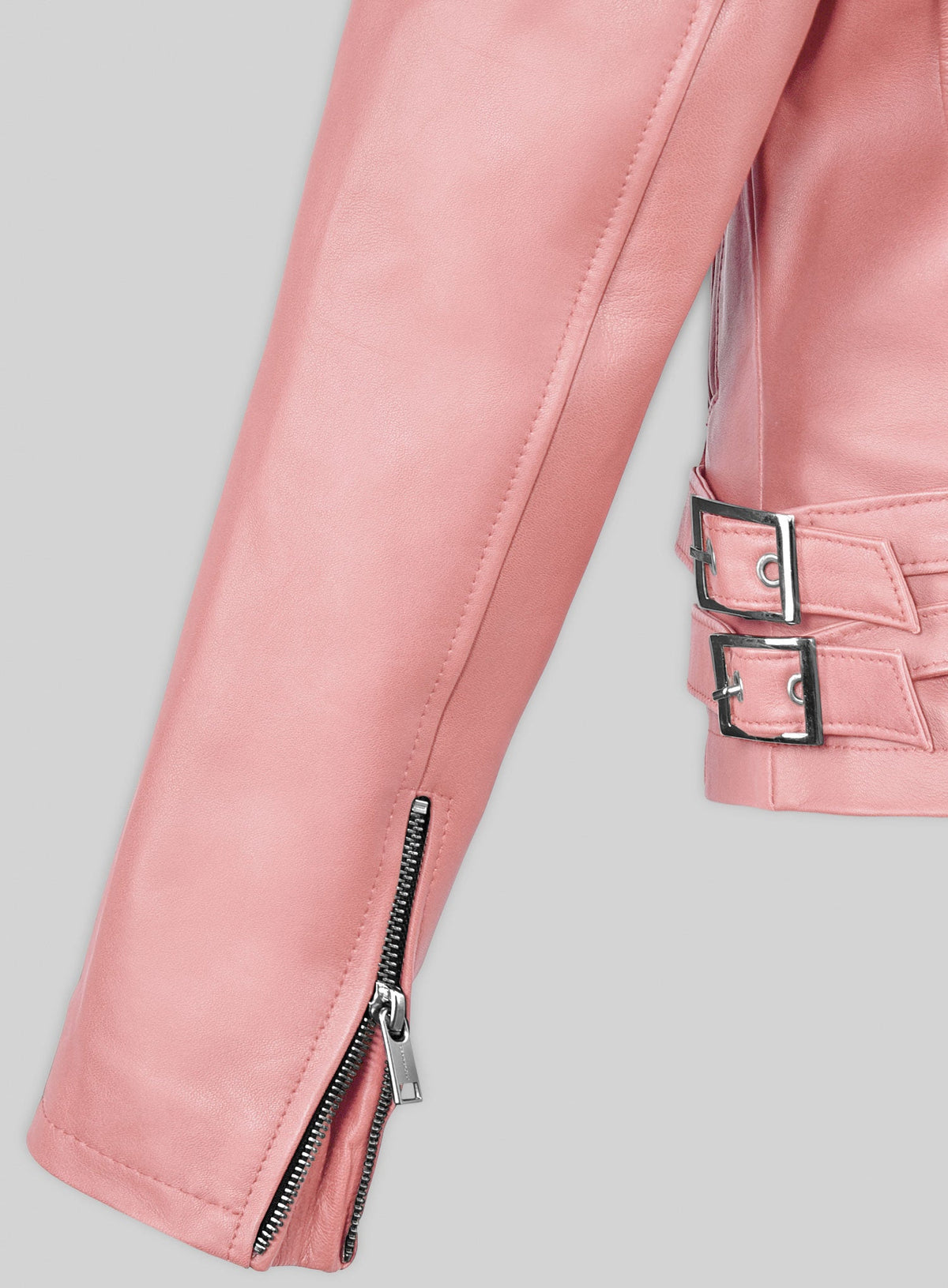 Gigi Hadid Black Biker Leather Jacket – close-up and worn views