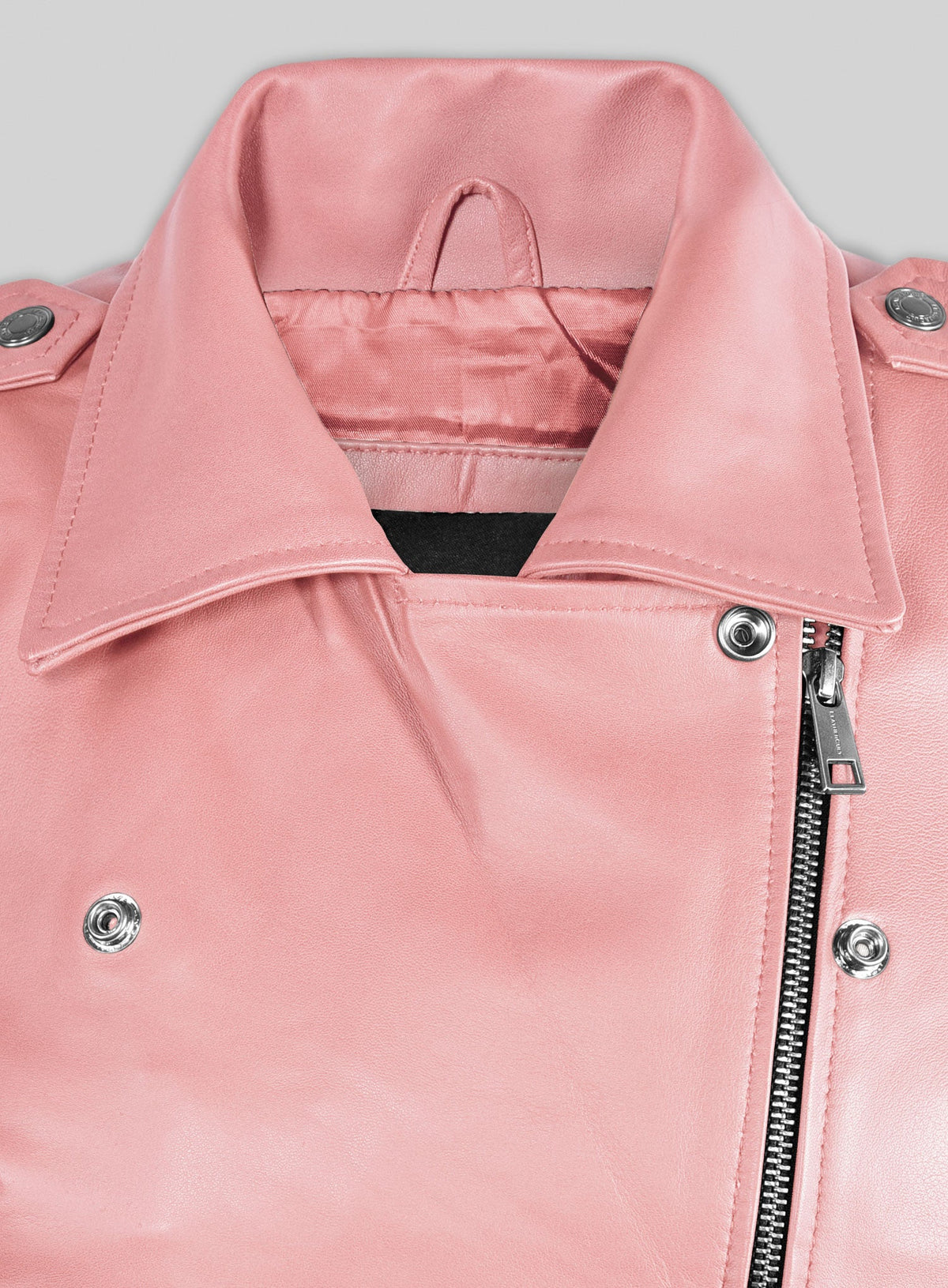 Gigi Hadid Black Biker Leather Jacket – close-up and worn views