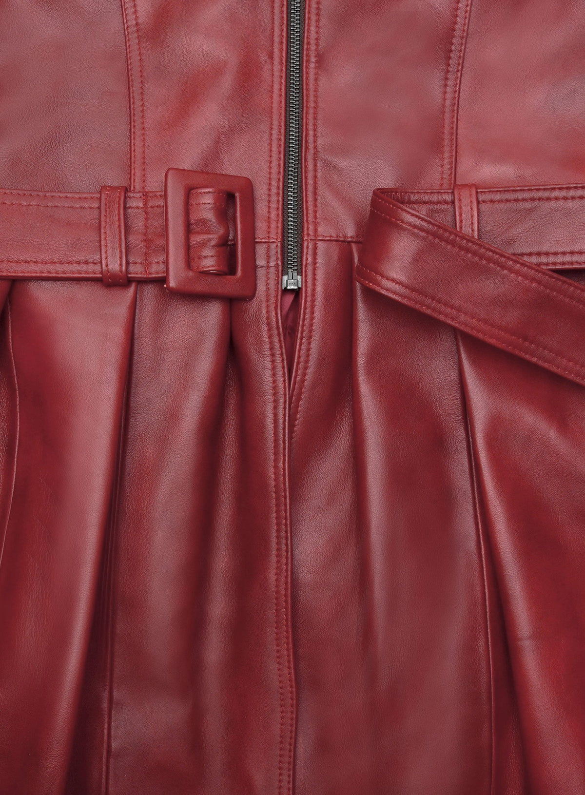 Gigi Hadid Black Leather Long Coat – close-up and worn views
