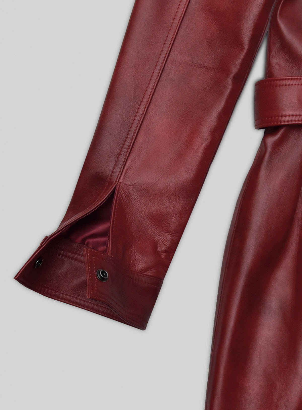 Gigi Hadid Black Leather Long Coat – close-up and worn views