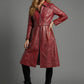 Gigi Hadid Black Leather Long Coat – close-up and worn views