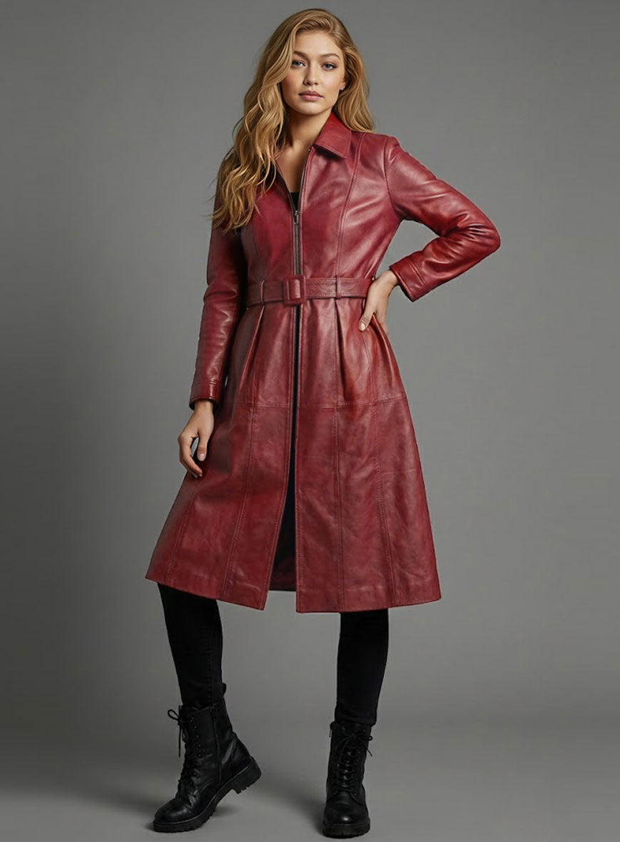 Gigi Hadid Black Leather Long Coat – close-up and worn views