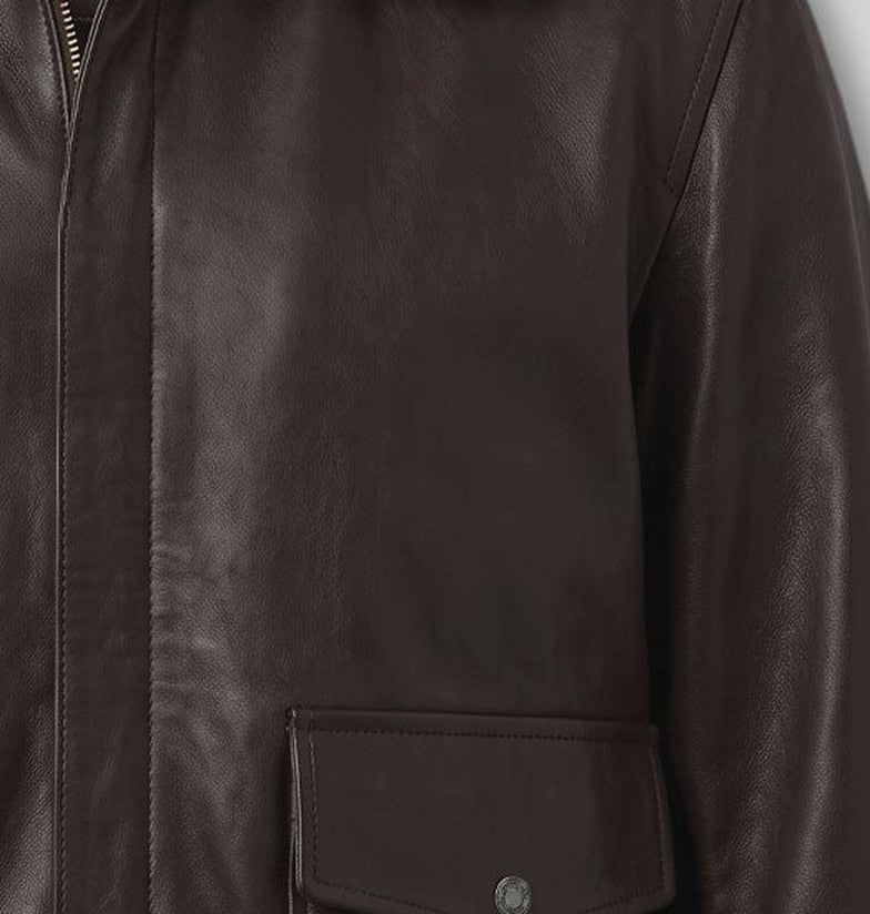 Guile Street Fighter Brown Jacket – close-up detail of front closure, pocket and leather stitching