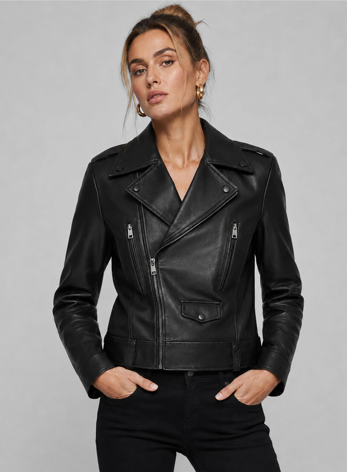 Hailey Baldwin Bieber Black Leather Jacket Style 2 – close-up and worn views