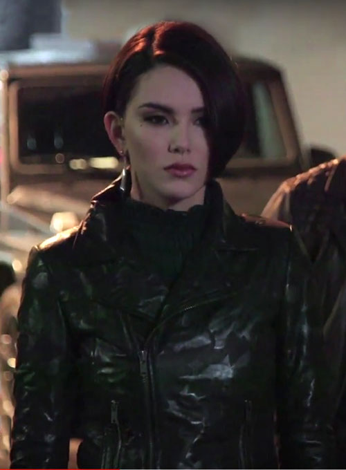 Hannah Quinlivan Skyscraper Black Leather Jacket – close-up and worn views