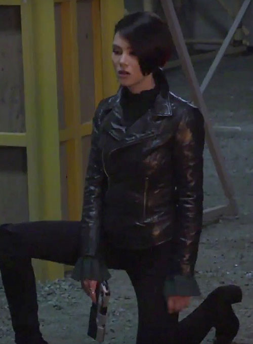 Hannah Quinlivan Skyscraper Black Leather Jacket – close-up and worn views