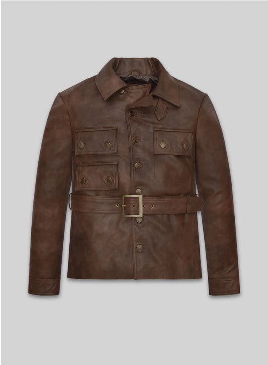 Harris Dickinson The King's Man Brown Belted Leather Jacket in dark brown – front view