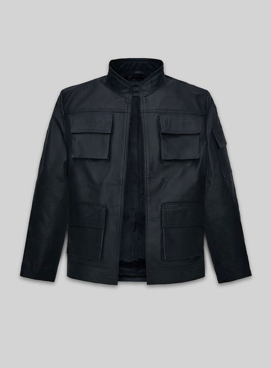 Harrison Ford Empire Strikes Back Han Solo Navy Leather Jacket in dark navy – front view