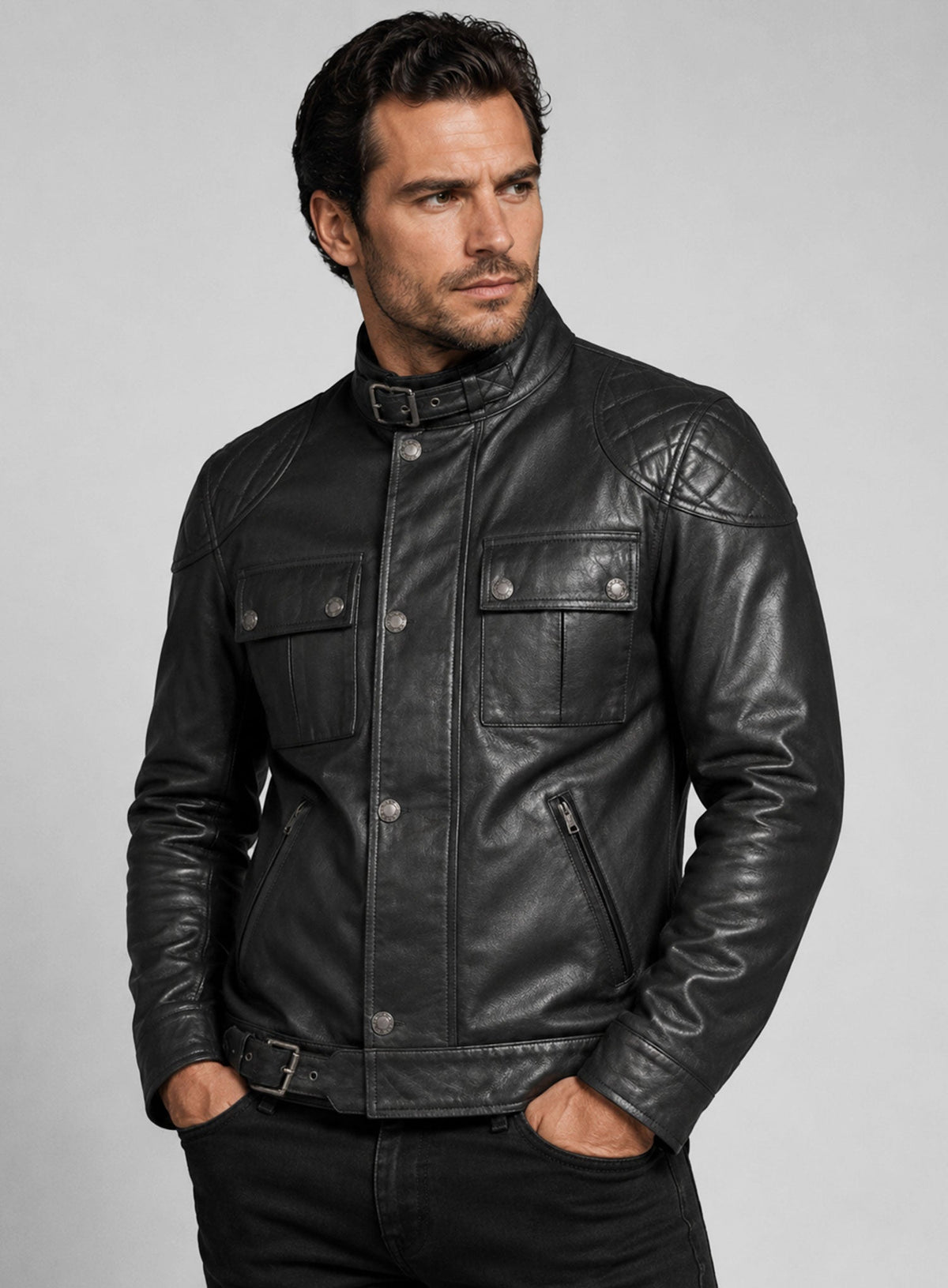 Henry Cavill In The Grey Black Leather Jacket – close-up and worn views