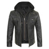 Black leather jacket with a hood on a white background