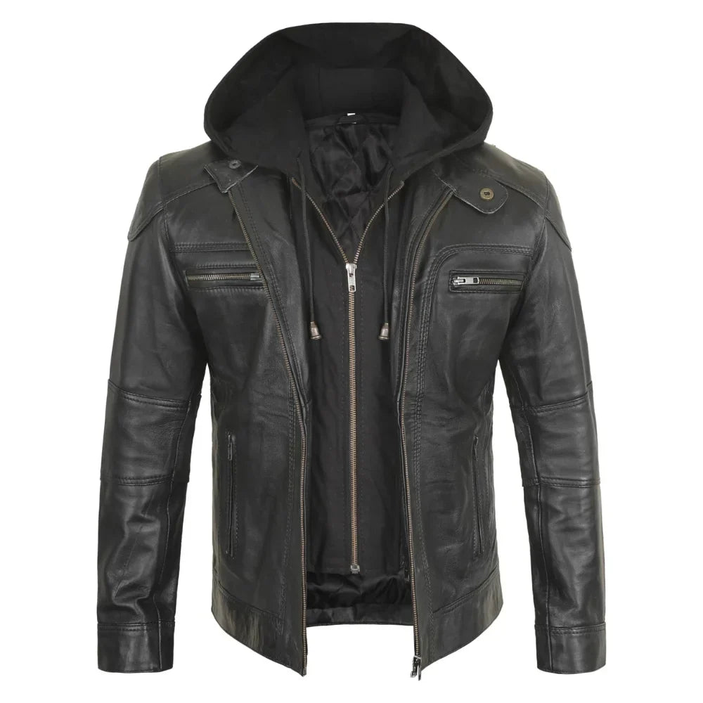 Black leather jacket with a hood on a white background