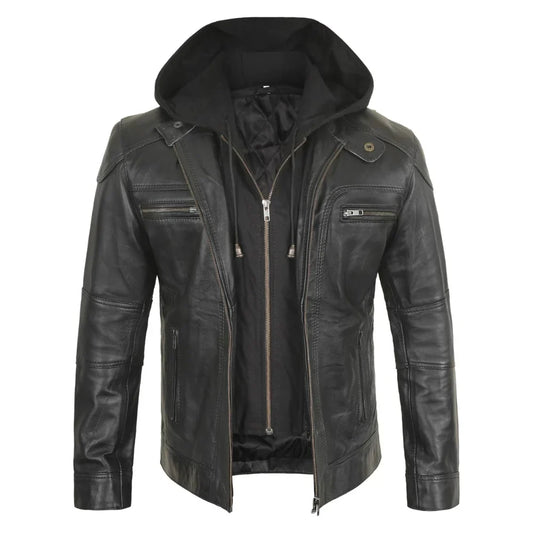Black leather jacket with a hood on a white background